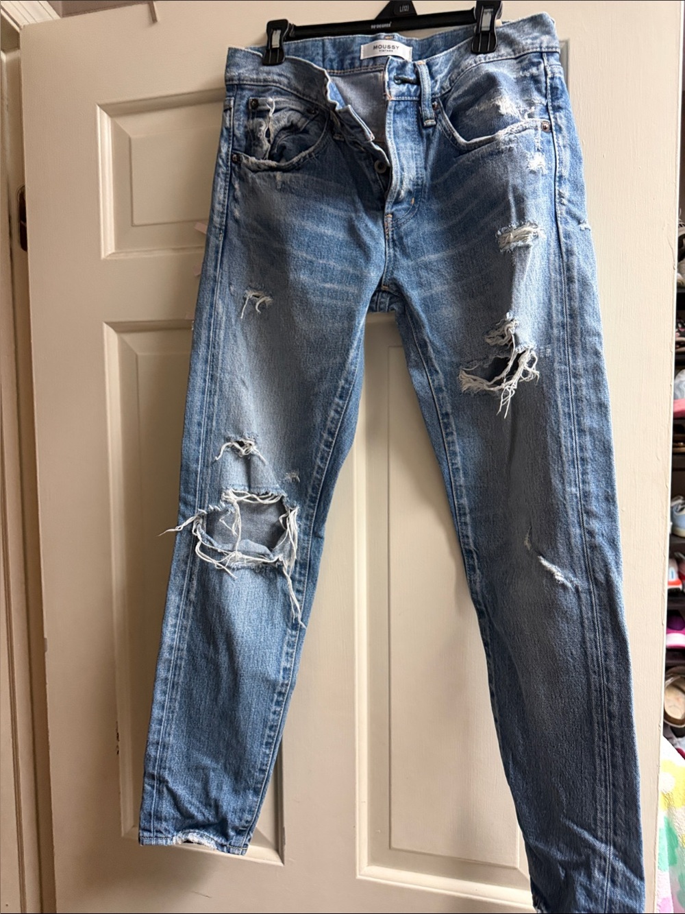 Moussy Light Blue Distressed Slim Straight Jeans